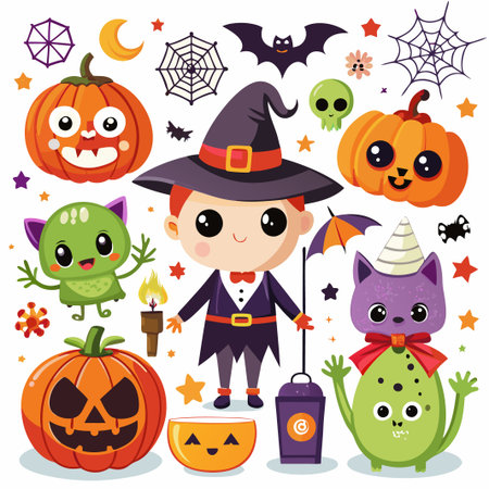 Cute Halloween characters in costumes with pumpkins, bats, and spiders.のイラスト素材