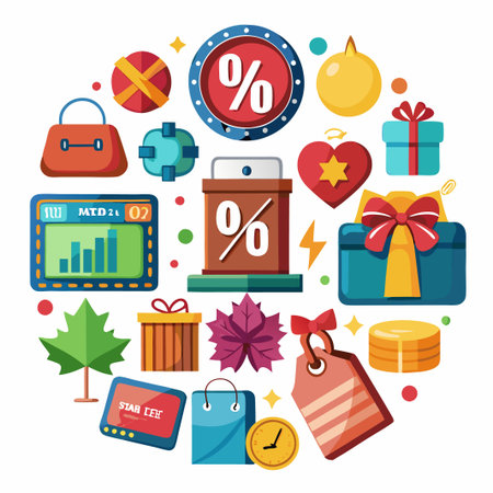 Colorful flat icons of sale and discount symbols arranged in a circle shape.のイラスト素材