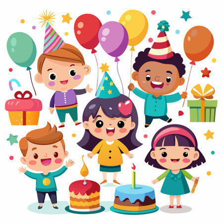 Cheerful kids celebrate a birthday party with cake, balloons, and presents.のイラスト素材