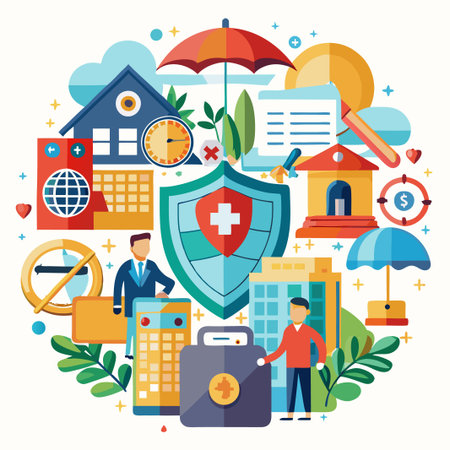 Insurance protection concept with shield, umbrella and house.のイラスト素材