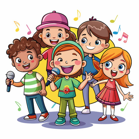 Four cartoon kids singing and holding microphones together.のイラスト素材