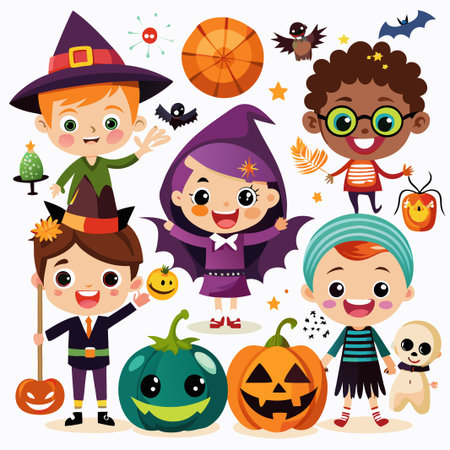 Happy children in Halloween costumes with pumpkins and bats.のイラスト素材