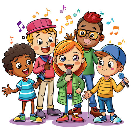 Group of diverse kids sing karaoke with microphones.のイラスト素材