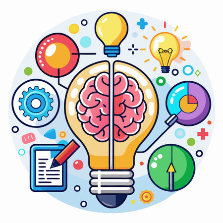 A light bulb with a human brain inside, surrounded by colorful icons.