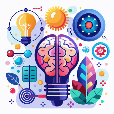 Brain shaped light bulb with colorful abstract elements.のイラスト素材