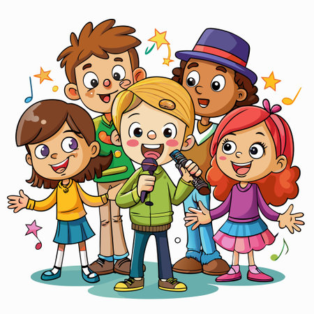 Four happy cartoon kids singing karaoke with a microphone and having fun.のイラスト素材