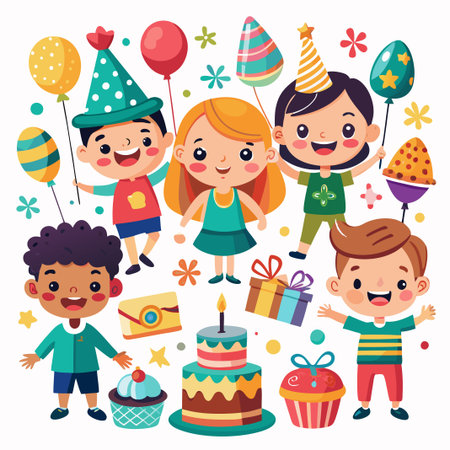 Happy children celebrating a birthday with cake, presents, and balloons.のイラスト素材