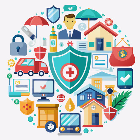Colorful illustration of various insurance icons in a circle shape.のイラスト素材