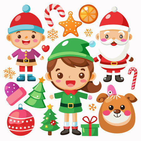 Smiling Christmas elves, Santa, and a reindeer with Christmas tree and ornaments.のイラスト素材