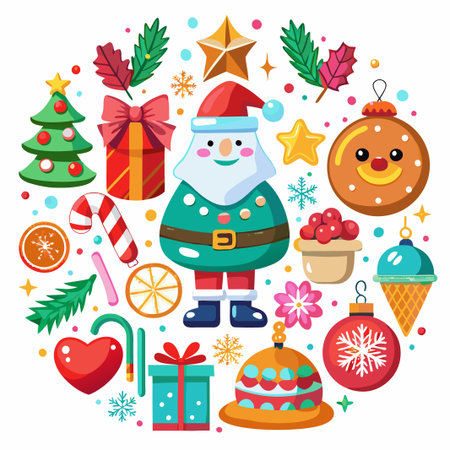 Festive Christmas Illustration with Santa, Ornaments, and Gifts.のイラスト素材