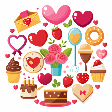Colorful illustration of various romantic elements, including hearts, cakes, flowers, and sweets, arranged in a circle.のイラスト素材