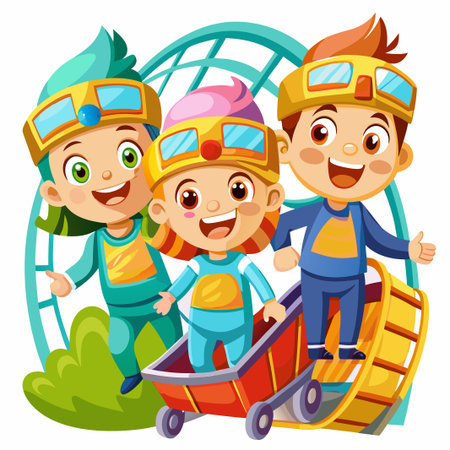 Three happy children in colorful clothes ride a roller coaster cart.のイラスト素材