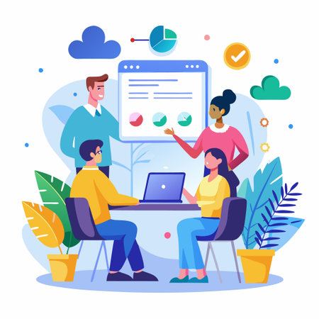 Diverse team analyzes data and graphs on laptop while discussing a project.のイラスト素材