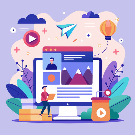 Man standing near computer screen with mountains, clouds, and play button,  with abstract design elements.のイラスト素材