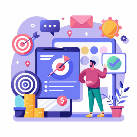 Man with tablet pointing to a check mark on a sign with dollar sign, target, and list on screen.のイラスト素材