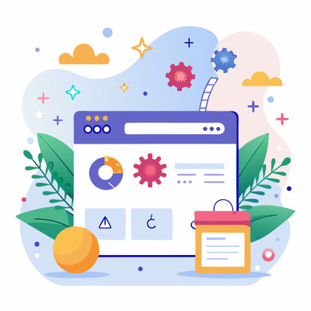 Website interface with colorful icons and elements, surrounded by nature-inspired shapes.のイラスト素材