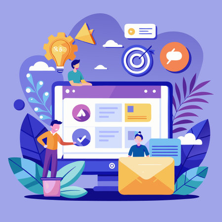 Two people working on a computer with a lightbulb, a target, and a speech bubble above it.のイラスト素材