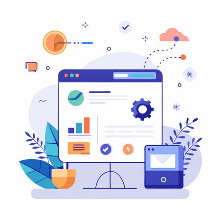 Computer screen with charts, graphs, and a check mark. A phone is on the right.のイラスト素材