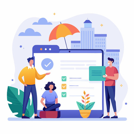 People collaborating on a checklist on a tablet screen with an umbrella over them.のイラスト素材