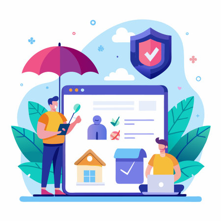 People Using Computer for Online Insurance Services, Illustration.のイラスト素材