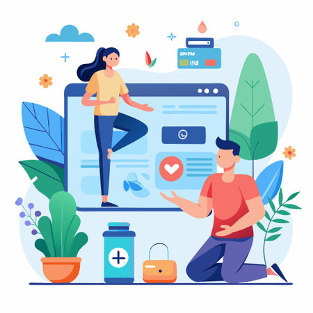 Man and woman exercising on a laptop with a heart icon.のイラスト素材