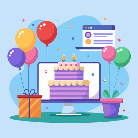 Computer screen with a birthday cake and balloons.のイラスト素材