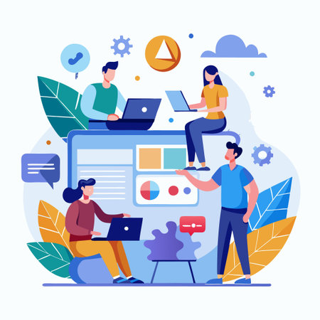 Team of four people working on a laptop, with charts and graphs displayed on the screen.のイラスト素材