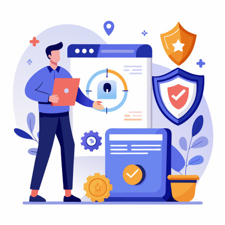 A man stands in front of a computer with a lock in the center of the screen. There are two shields on the right side of the screen.のイラスト素材