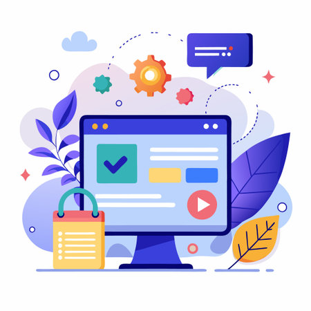 Computer with checkmark, play button, and list.のイラスト素材