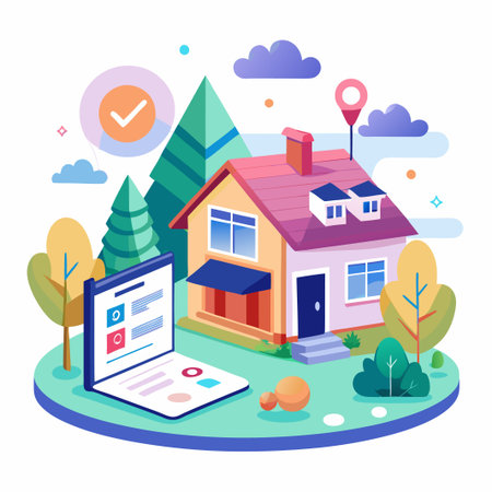 Colorful house with a laptop and trees.のイラスト素材