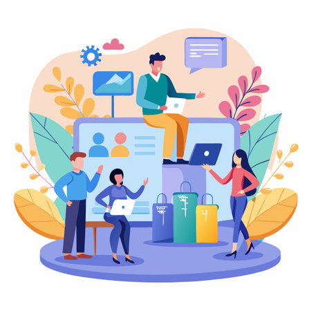 People using laptop and talking in online meeting.のイラスト素材