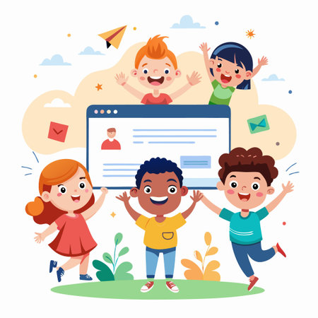 Happy kids with a computer screen.のイラスト素材