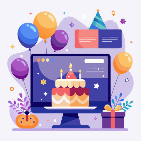 Desktop computer with birthday cake, balloons and gift.のイラスト素材