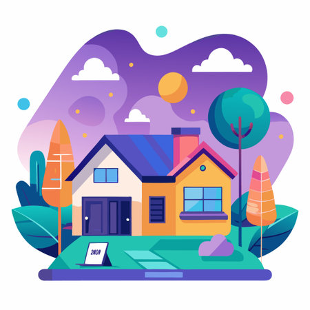 Modern Two-Story House with Front Yard in a Colorful Landscape.のイラスト素材