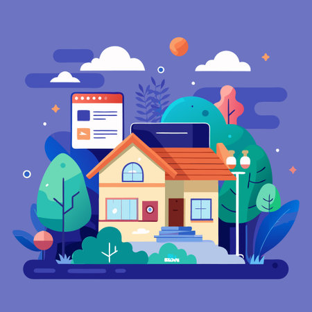 Illustration of a yellow house in a green and blue landscape with a phone and a laptop on top of it.のイラスト素材