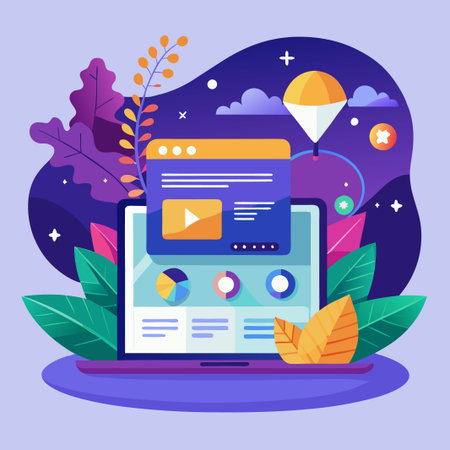 Laptop with Play Button, Charts, and a Parachute in a Colorful Design.のイラスト素材