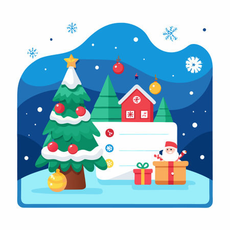 Christmas card with a Santa Claus holding a candy cane in a gift box, Christmas tree, and a red house.のイラスト素材