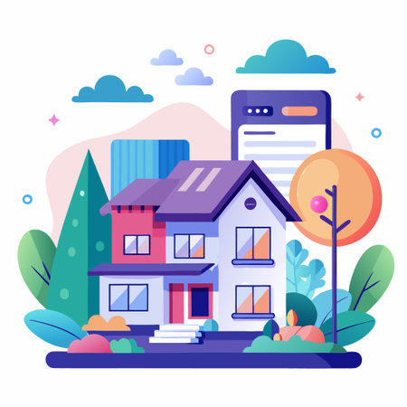 Colorful illustration of a modern house with a smartphone in the background, surrounded by trees and plants.のイラスト素材