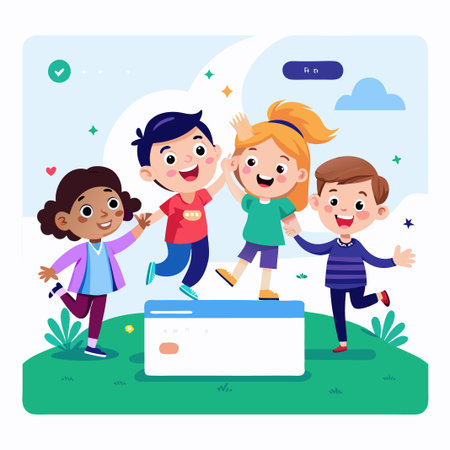 Happy Children Characters Jumping Near Website Browser.のイラスト素材