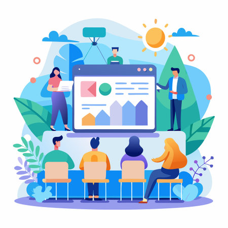 A group of people listen to a presentation on a computer screen.のイラスト素材