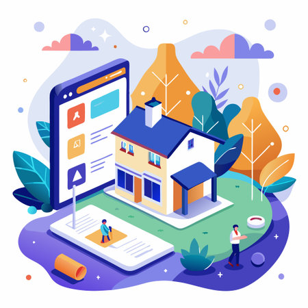 Isometric illustration of a house and a smartphone with a website on it.のイラスト素材