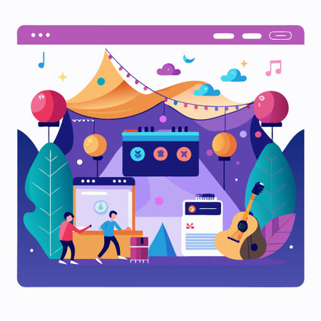 Illustration of two people on a website page with a tent, lights, and a guitar.のイラスト素材