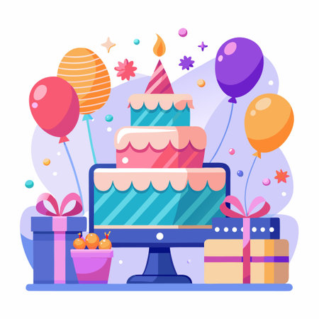 Birthday cake on computer screen, balloons and presents.のイラスト素材