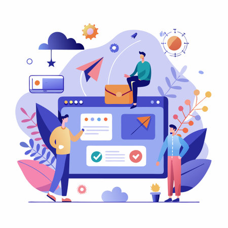 People using a website, showcasing different sections with various elements and functions.のイラスト素材