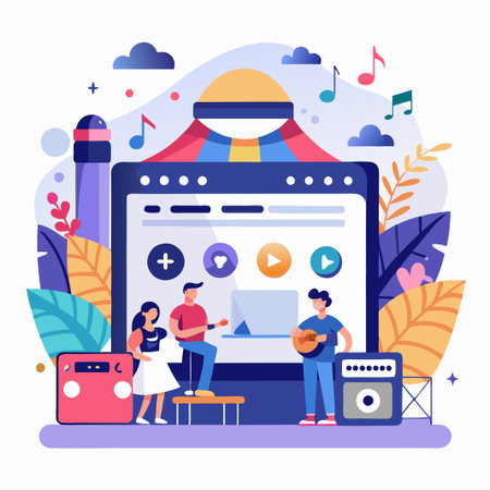 Three people, a guitar, a microphone, and a computer with music icons on the screen.のイラスト素材