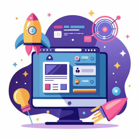 Computer screen with graphic elements around it, showing a website design and other ideas.のイラスト素材