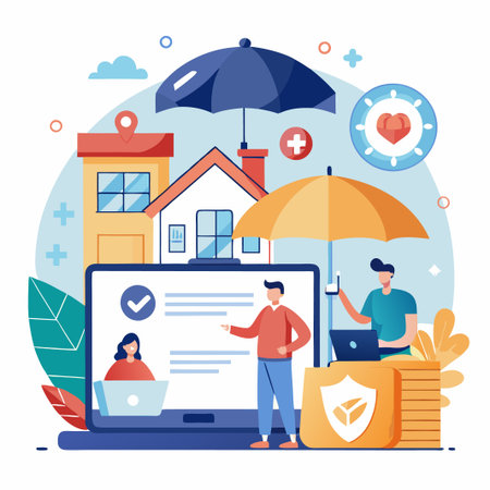 People with laptop and umbrellas representing insurance coverage.のイラスト素材