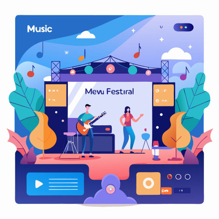 Music festival stage with guitar player and singer.のイラスト素材