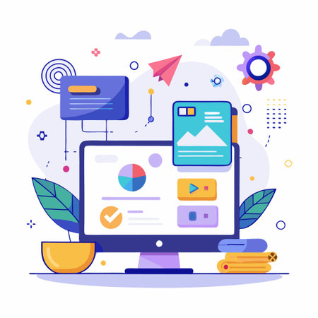 A computer screen with a pie chart, a checkmark, and a play button, with a blue and orange color scheme.のイラスト素材