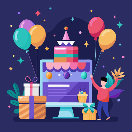 Happy birthday celebration with cake, balloons, gifts and a computer.のイラスト素材